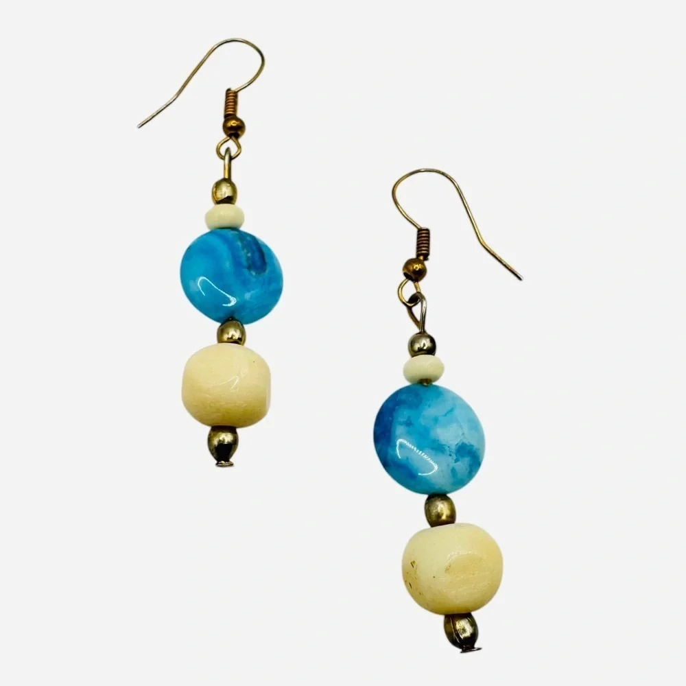 Blue & Cream Agate Stone Dangle Earrings | Natural Beaded Drop Boho Style